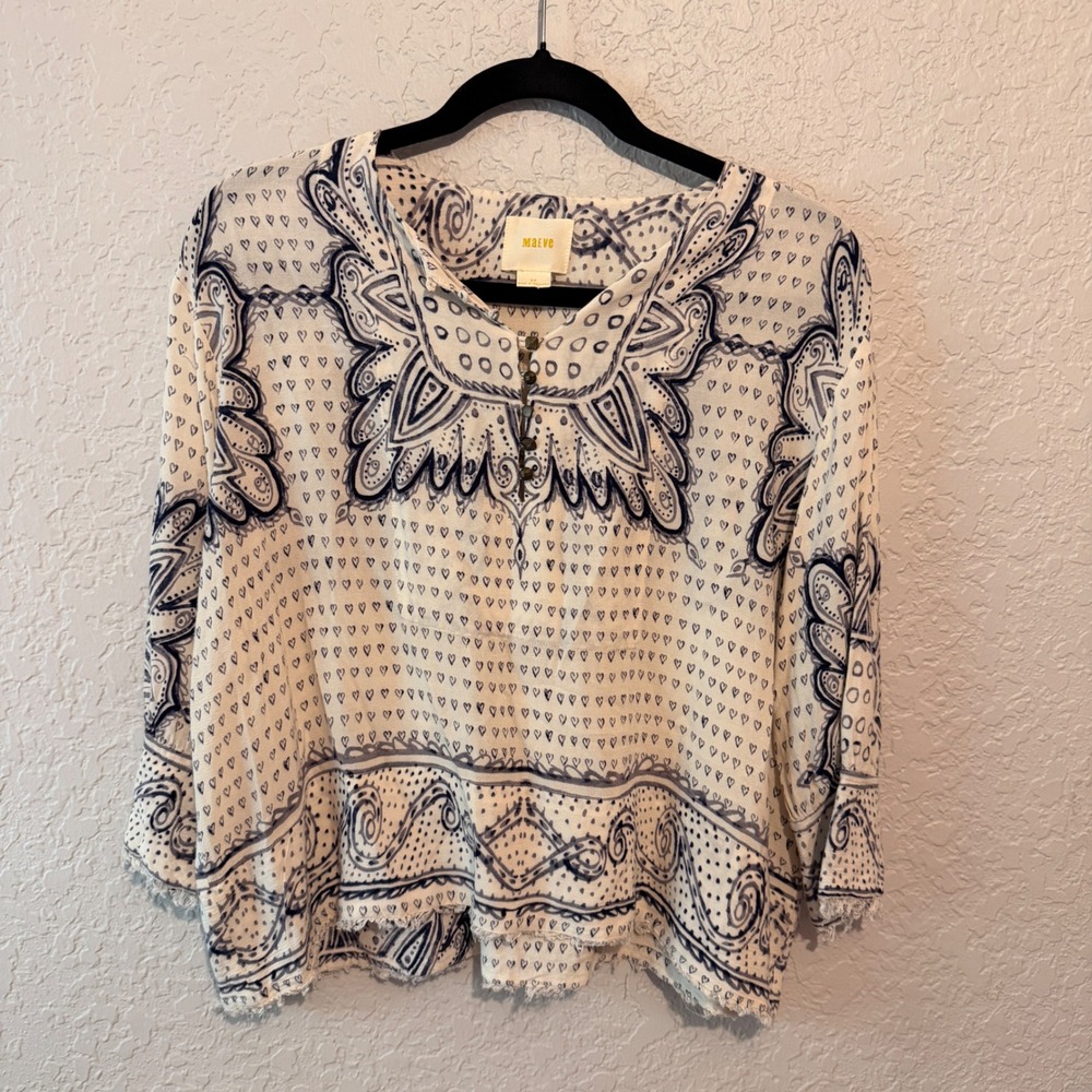 Maeve Anthropologie Heart Paisley Henley Blouse Small Petite Boho Indie Ivory